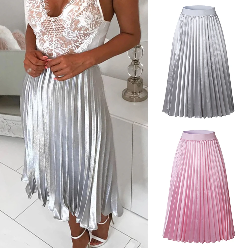 Summer Ladies Midi Casual Women Skirt High Waist Party Fashion Pleated Elegant Elastic Travel Swing Sexy Solid