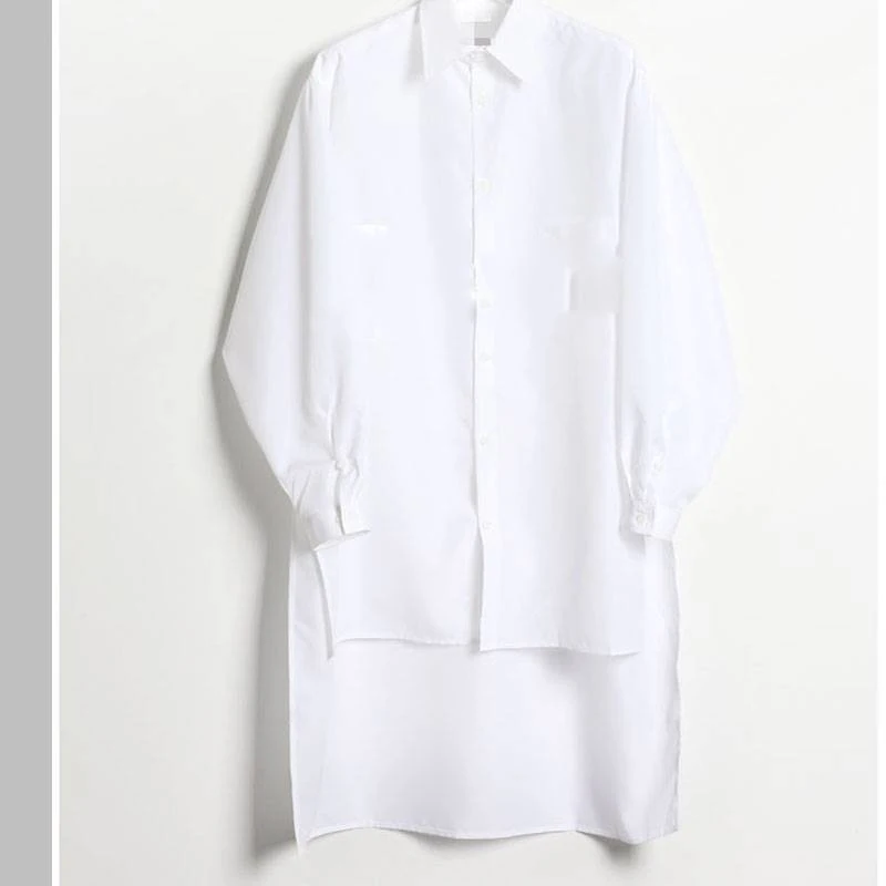 Europe and the United States long-sleeved men's shirts in the long section of the split-opening shirt before the short long pers - Цвет: Белый