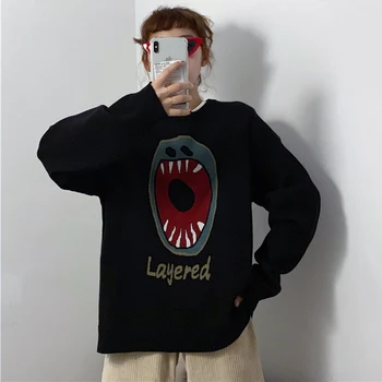 

Harajuku Big Mouth Sweater Female 2020 Autumn Sweater Women Loose Round Neck Long Sleeve Sweater Cartoon Pattern Sweater Cotton