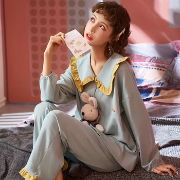 

Autumn Winter Sweet Women's Cotton Long Sleeve Pajamas Set Loose Leisure Adult Women Sleepwear Set Party Pajamas Young Girl