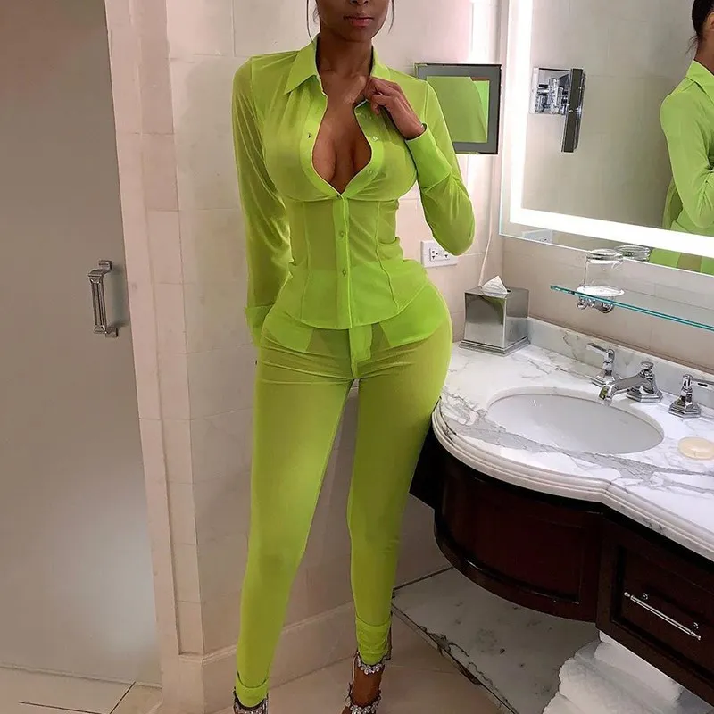 

Nice Long Sleeve Buttons Sexy Rompers Pant Sets Bodycon Party Pants Summer Women Two Piece Set Women Outfits