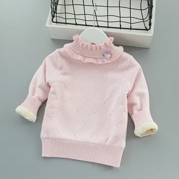 

6 Girls Sweater Plus Velvet Thickening Autumn and Winter Children's Warm Knitted Bottoming Shirt Female Baby Round Neck Pullover