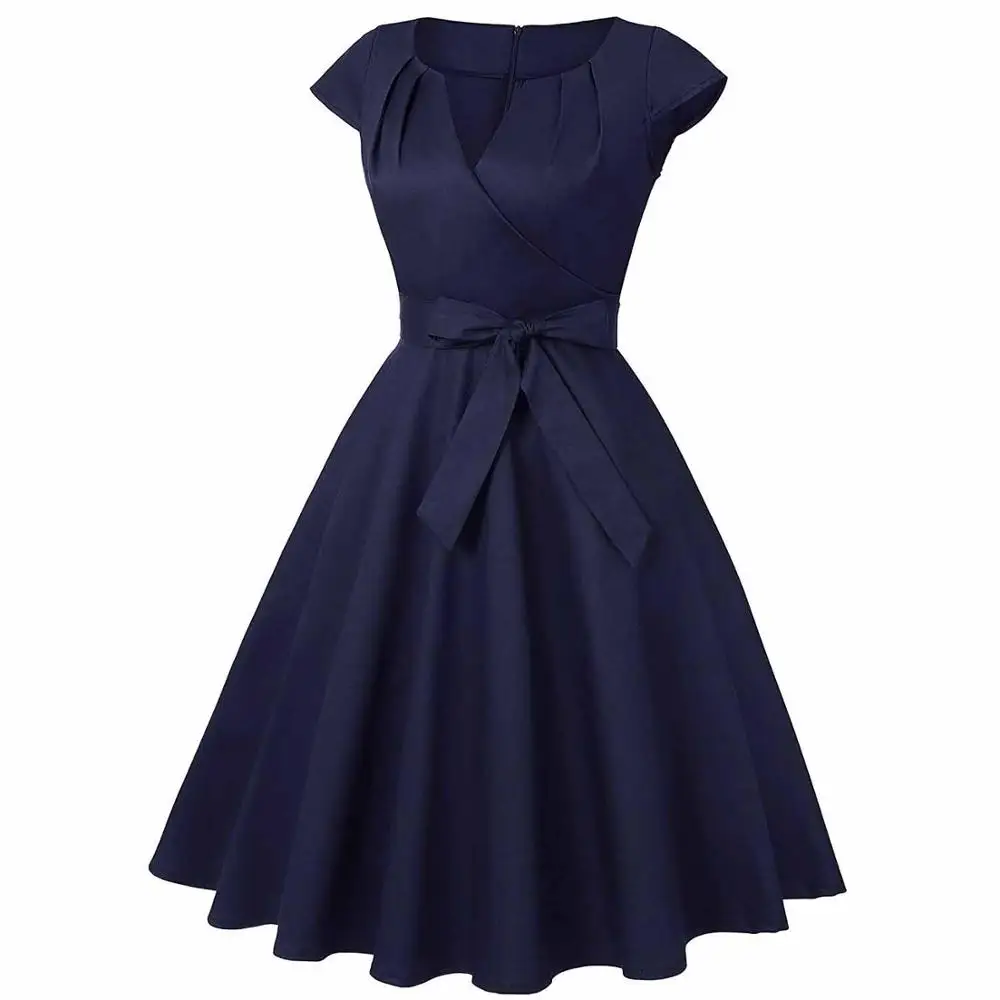 Navy Blue Black Audrey Hepburn Dress V Neck Cotton Short Sleeve 50s 60s 1950s Retro Vintage Big Swing Pinup Rockabilly Dresses