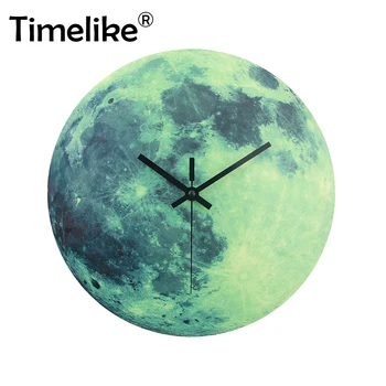 

New 30cm Glowing Moon Wall Clock Wooden Luminous In The Dark Planet Hanging Moon Clock In Wall Watches Livingroom Home Decor