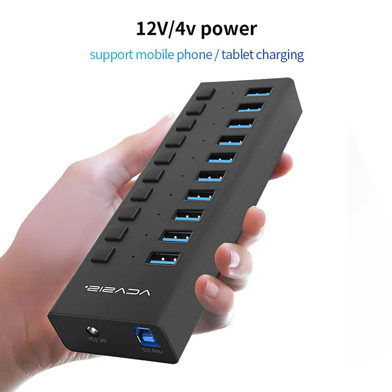 USB 3,0 концентратор 10 Порты и разъёмы 12V 4A Мощность адаптер usb-хаб 3,0 Зарядное устройство с переключателем Мульти USB разветвитель USB3.0 концентратор для Macbook портативных ПК
