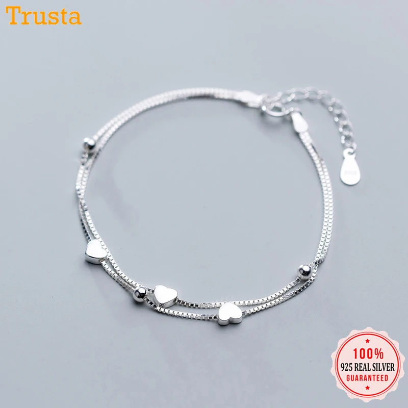 

Trustdavis 925 Sterling Silver Sweet Double Layer Heart Beads 16cm Bracelet for Women Sterling Silver Wedding's Day Gift DA418