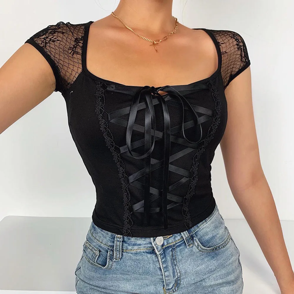 Gothic Women Blouse Sexy Thin Slim Retro Lace Stitching Square Collar Short Sleeve Straps Pullover Tshirts Summer Fashion Tops