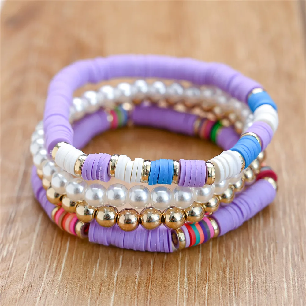 4Pcs/set Boho Round Heishi Beads Multilayer Wrap Bracelet Set Fashion Simulated Pearl Bracelets & Bangles Wristband Jewelry - Image 3