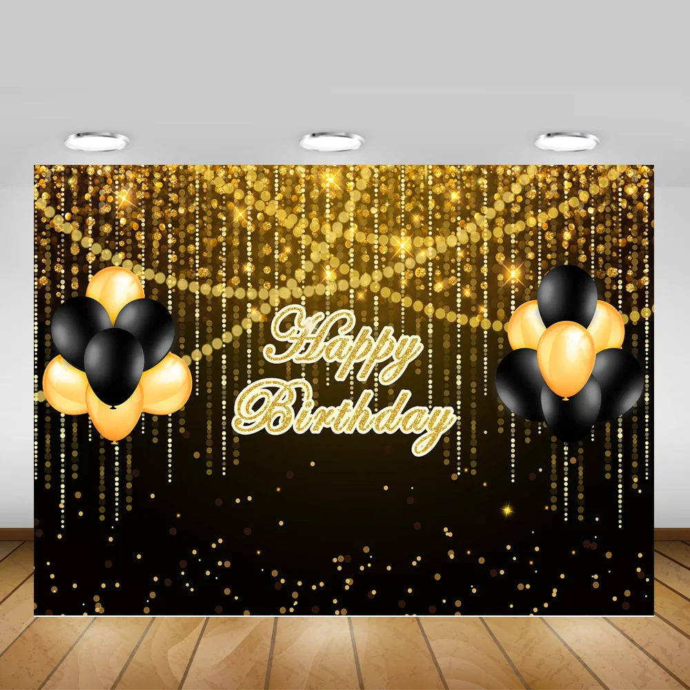 AIIKES 7x5FT Happy Birthday Backdrop Black and Gold Balloons Photography Backdrop Gold Glitter Photo Background Child Adults Party Decoration 30th 40th 50th 60th Photo Booth Studio Props 11-822 