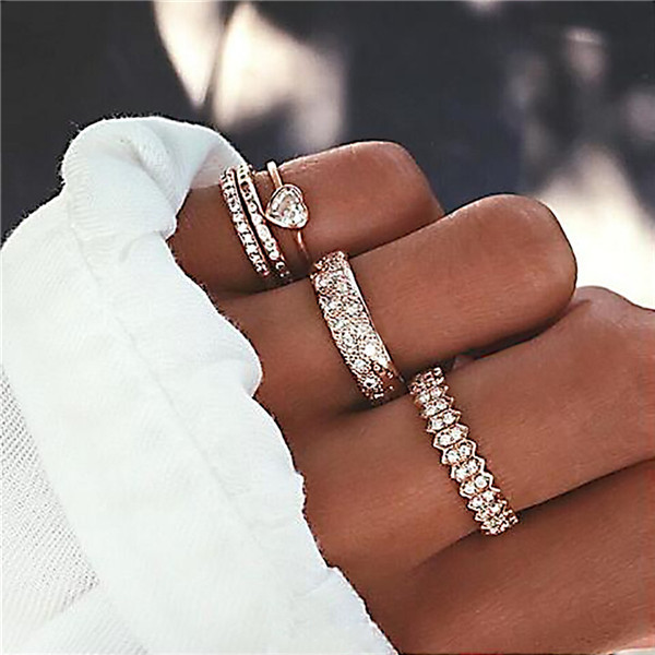 Bohemian Gold Vintage Rings Snake Heart Crystal Ring Set Women Charm Joint Ring Party Wedding Fashion Jewelry Gifts