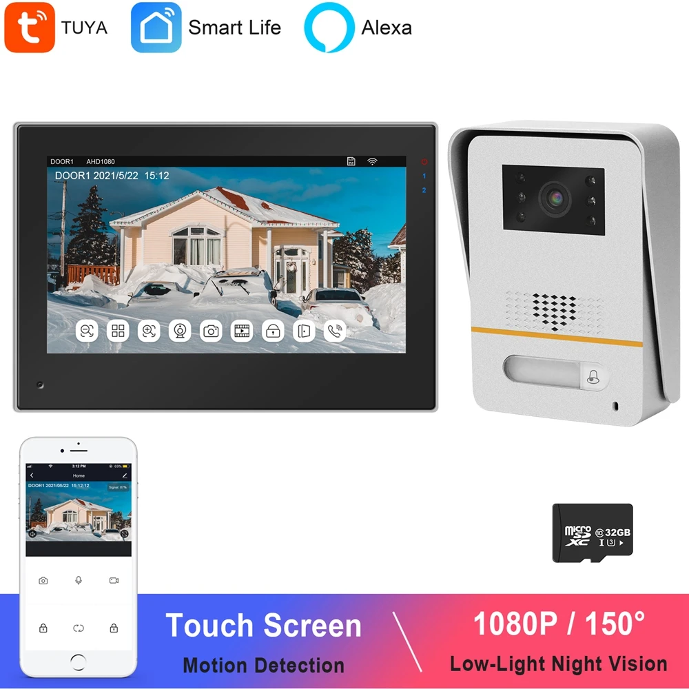 TUYA Smart Life APP WIFI Video Intercom for Home Works with Alexa Touch Screen Monitor  Video Doorbell Camera 1080P Open 2 Locks