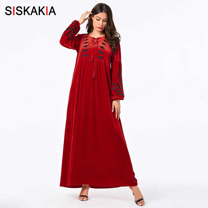 Red dress Siskakia вельветовое длинное платье, элегантное красное вышитое платье с длинными рукавами и высокой талией, мусульманские халаты, повседневные осенние - Цвет: Red dress