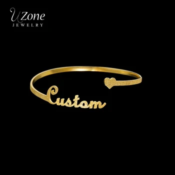 

UZone Custom Heart Frosted Name Bangles Stainless Steel Personalized Nameplate Cuff Bangle Bracelets Women Girls Wedding Gift