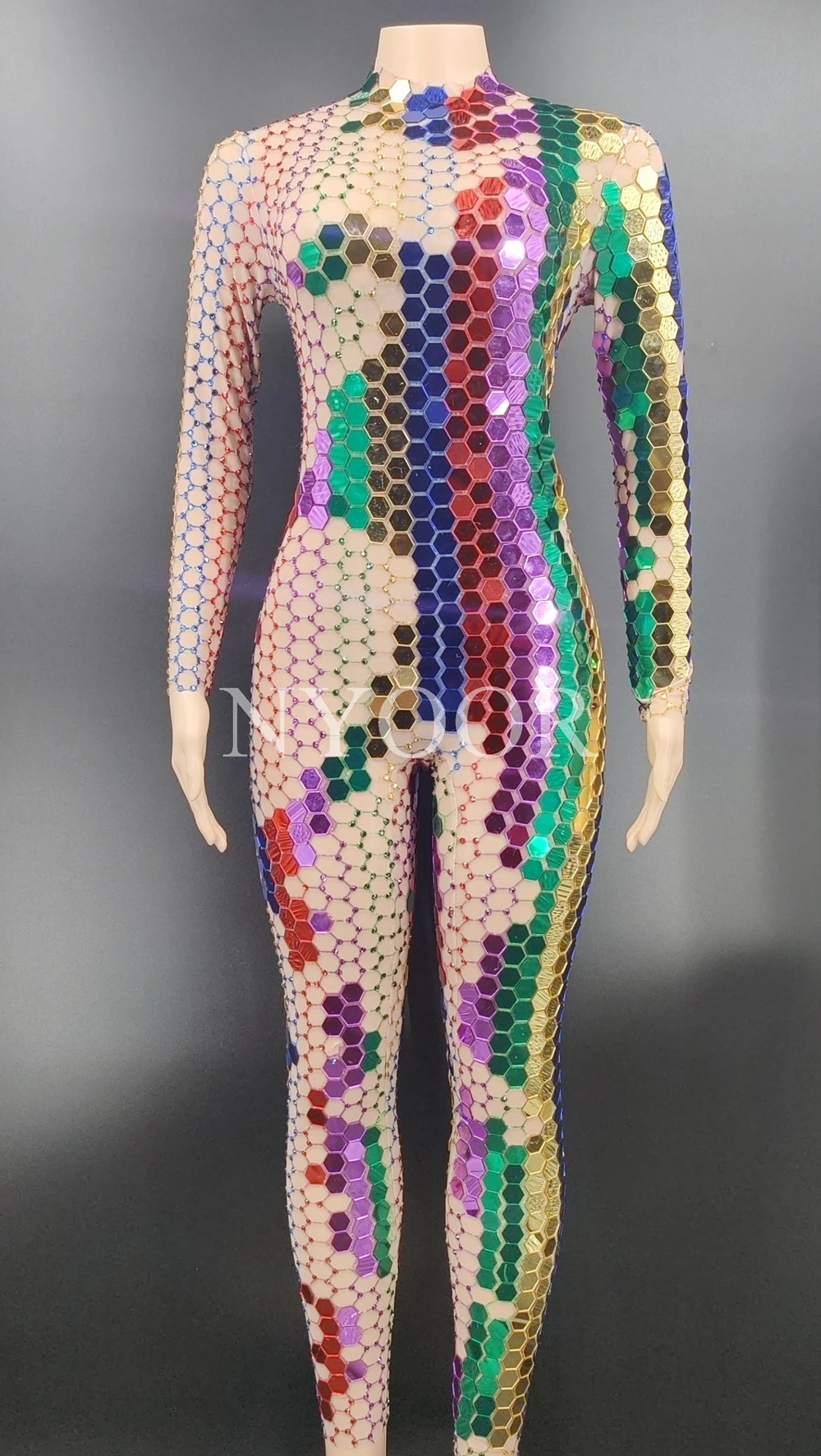 Shining Multi-Color Mirror Rhinestones Transparent Jumpsuit Long Sleeve Birthday Prom Party Dress Dancer Show Outfit Stage Wear