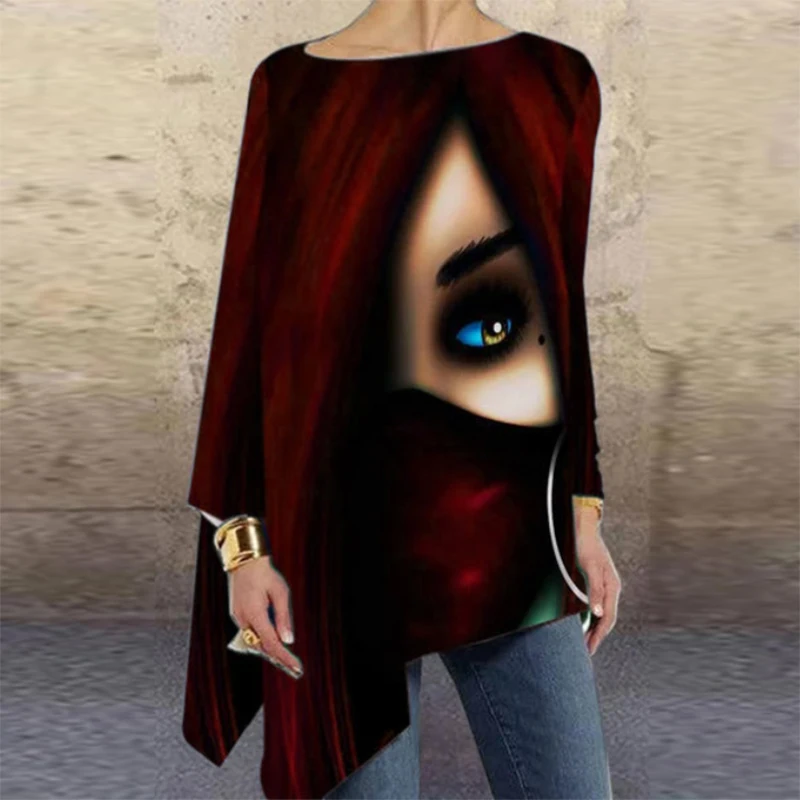 Women Irregular Face Eye Ptinted T Shirt Lady
