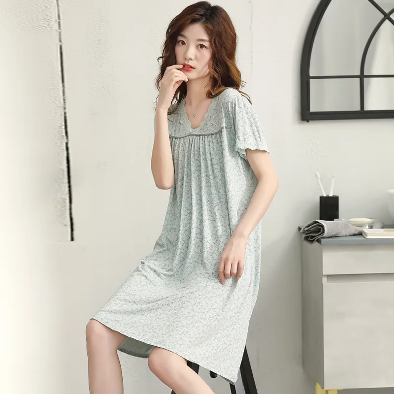 

Women's Pajamas Summer Small Flower Exquisite Modal Large Size Short-sleeved Skirt Sweet Female Homewear Young Woman Nightdress