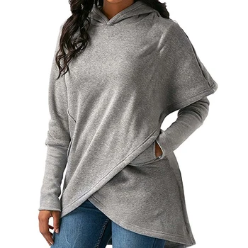 

Irregular Slim Hooded Fashion Women Hoodies New Long Sleeve Pockets Solid Color Pullover O Neck Plus Size S-5XL