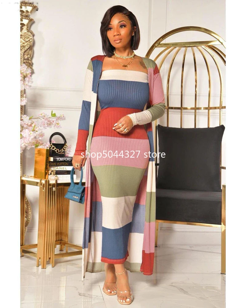 2 Piece Set Print Party Long Maxi Dress African Dresses For Women Plus Size  Dashiki Stripe Robe Ladies Clothes African Clothing