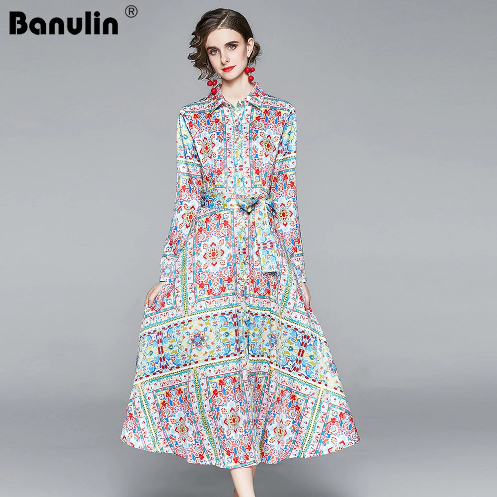 

Banulin Spring Summer Runway Maxi Dress High Quality Women Long Sleeve Flower Printing High Waist Bow Belt Ladies Long Dress
