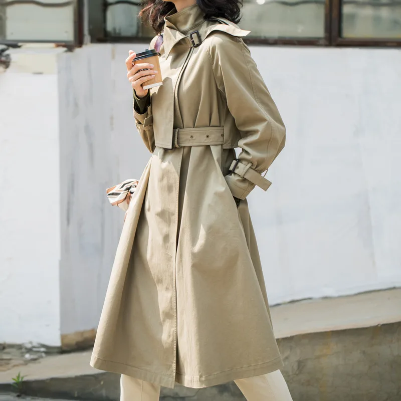 

Vintage Fashion Female Coat Turn-down Collar Solid Adjustable Waist Wide-waisted Trench Coat For Women