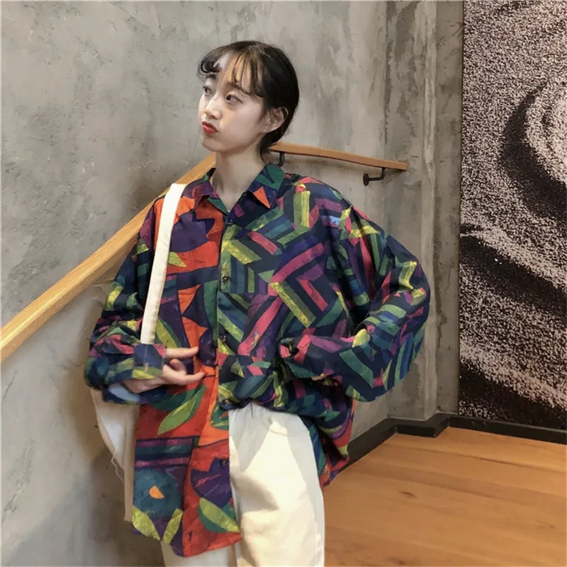 Lychee Harajuku цвет блок осень Свободная Женская блузка длинный рукав женская блузка геометрический принт отложной воротник женская блузка