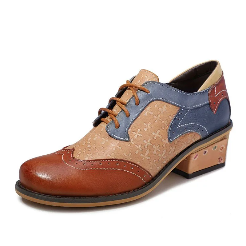 Tuyoki British Style Genuine Leather Pumps Women Lace Up Thick Heels Brogue Shoes Leisure Dress Women Footwear Size 36-42