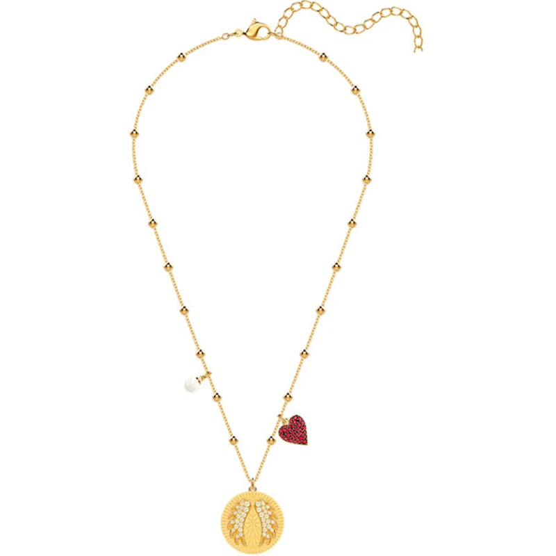 

High Quality Swa Original 1:1 Girl Lucky Goddess Angel Wings Round Golden Disc Necklace Jewelry 5461801