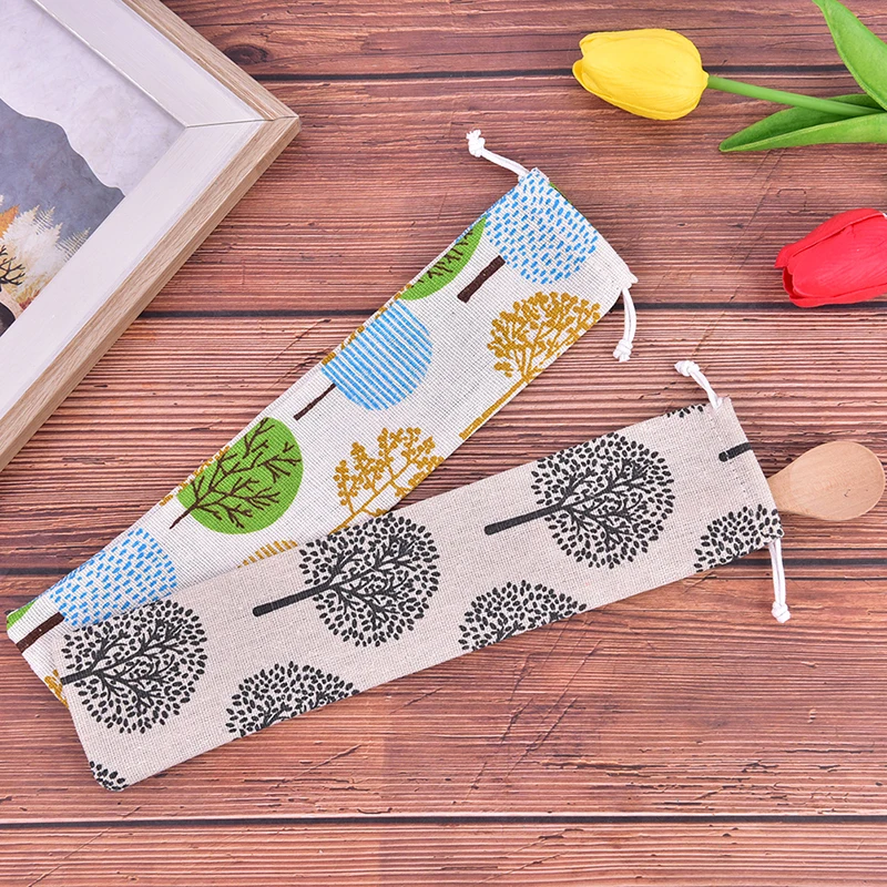 Tableware Storage Bag 1pc Drawstring Portable Cotton Linen Spoon Chopsticks Storage for Travel Dinnerware Accessories