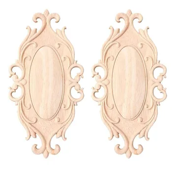 

2 Pcs Wood Carved Applique Frame Onlay Unpainted Furniture Door Home Wall Decor 26 x 14.5cm