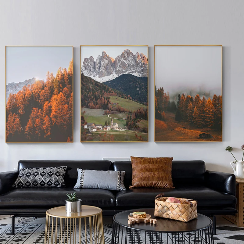 

Scandinavian Mountain Foggy Forest Wall Art Poster Photography Print Autumn Nature Landscape Canvas Painting Picture Home Decor