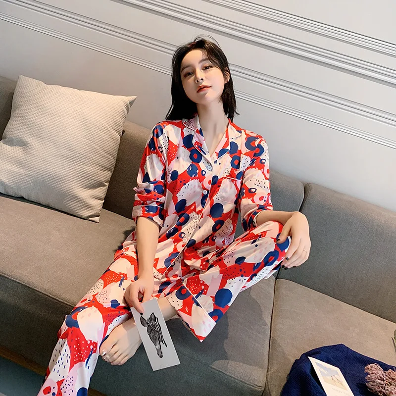 

Pajamas Women Spring New Long-Sleeved Printed Home Service Suit Simulation Silk High-End Summer Thin Pajamas Silk