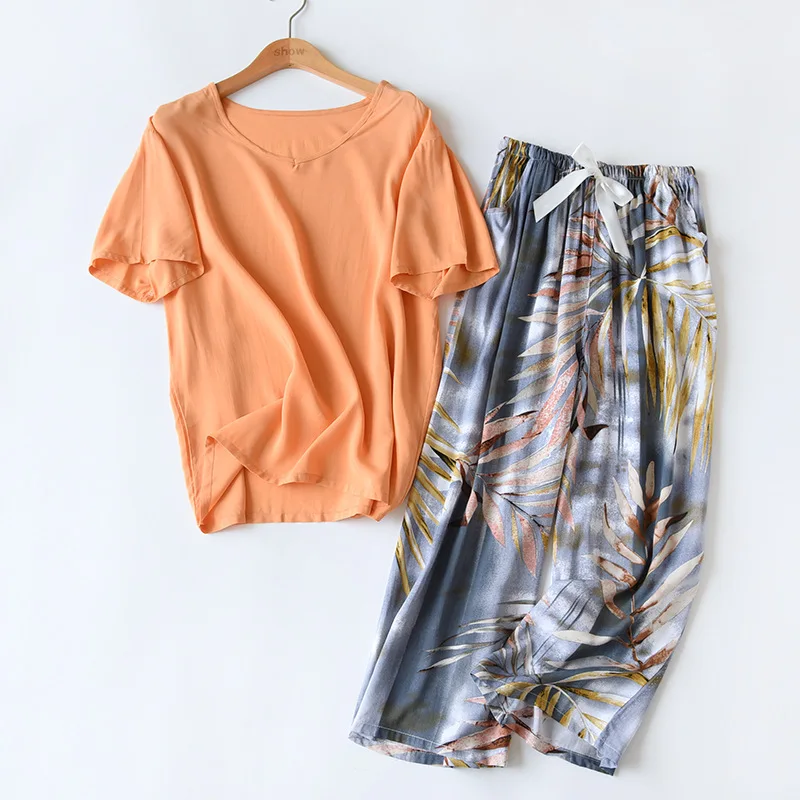 Women Comfort Rayon Pajamas Set 2Pcs Loose Thin Wide Leg Floral Printed Short Sleeve + Pants Spring New Ladies Household Sleepwear women pajamas set women pajama suit