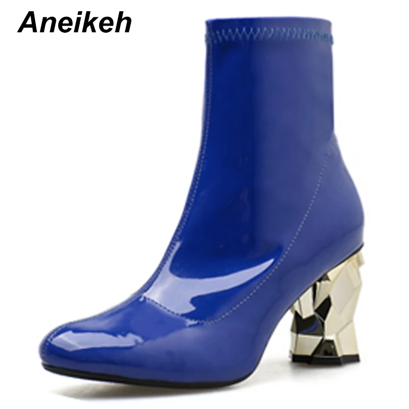 

Aneikeh New 2019 Fashion PU Women Chelsea Boots Solid Round Toe Zip Shoes Bling Square High Heel Dance Ankle Boots Size 35-39