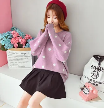 

Autumn Winter Thickened Warm Sweater Women Dot Sweater Knitted Top Playful Woman Sweater Pullover Loose Sweater Jumpers Knit Top