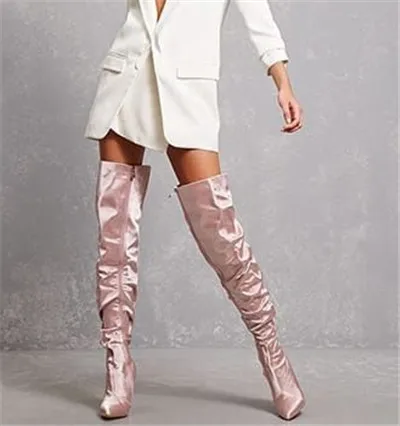 Emma king/женские модные розовые шелковые Сапоги выше колена на высоком каблуке с острым носком; пикантные высокие сапоги-гладиаторы до бедра; женские сапоги с объемным голенищем - Цвет: pink