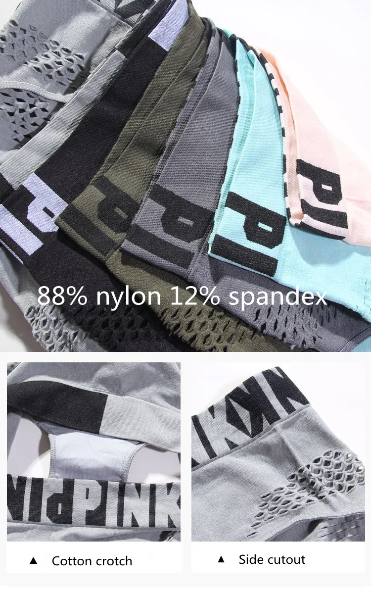 Letter PINK Yoga Shorts Women Yoga Seamless Sports Underwear Low Waist Sexy Sports Fitness Triangle Panties Side grid Underpants