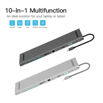 

10 in 1 Multi USB C HUB to HDMI VGA USB 3.0 RJ45 3.5mm Audio Adapter for MacBook Type C HUB for Samsung S8 Huawei Mate 10