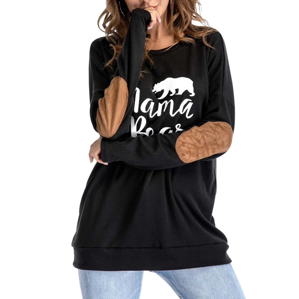 

OEAK 2019 Autumn Female Patch Loose Tops Shirt Women Mama Bear Letter Print O-Neck Casual Top Solid Color Long Sleeve Blusas