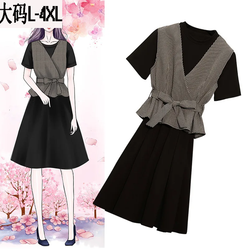 

2019 Summer Wear New Style Large Size Dress Fat Mm Plaid Lace-up Waistcoat Short-sleeve Dress Mid-length WOMEN'S Suit Fashion