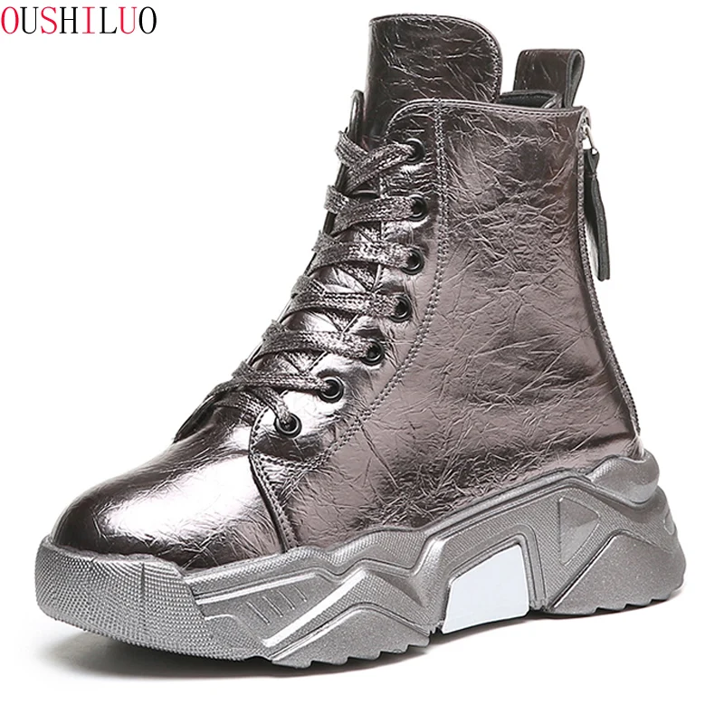 

Height Increasing Boots Platform Shoes Woman Ankle Boots Thick Sole Waterproof Back Zipper Lace-up Bling Women Shoes