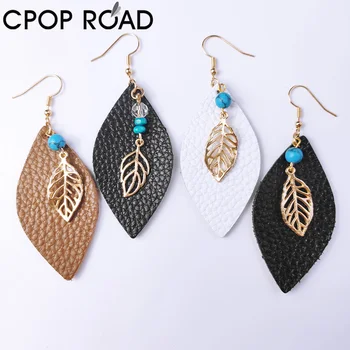 

Cpop Cowhide Leather Earrings for Women Fashion Hair on Teardrop Earrings Leaf Boho Chic Stones Beaded Bohemia Female Jewelry