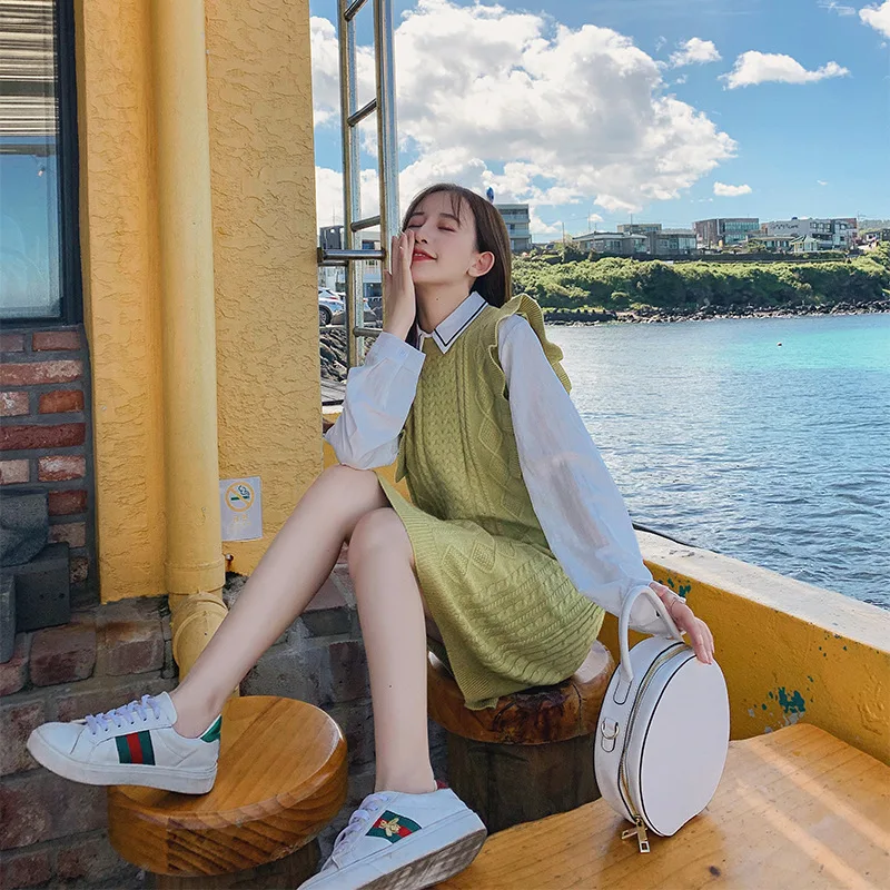 

Korean-style 2019 New Style Autumn Base Shirt + Sleeveless Knitted Vest Dress Two-Piece Women's F7573
