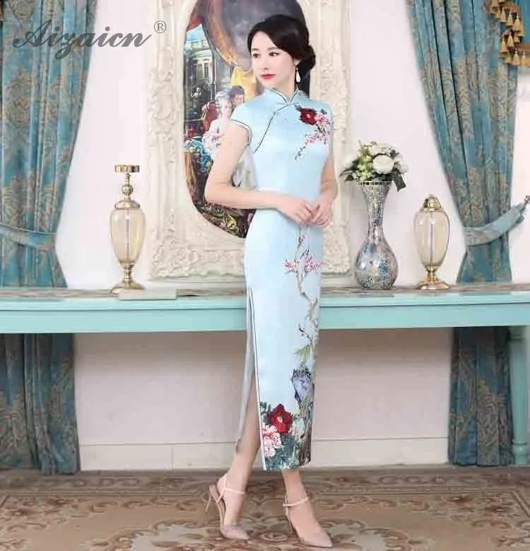 Синий Чонсам с цветами современный Femme элегантный тонкий длинный Qi Pao для женщин Китайская традиционная одежда платье Qipao аналогичный