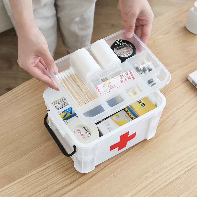 Small First Aid Kit Household Transparent Medicine Box Large Capacity Layered Lattice Medicine Storage Box Trash Home Medical