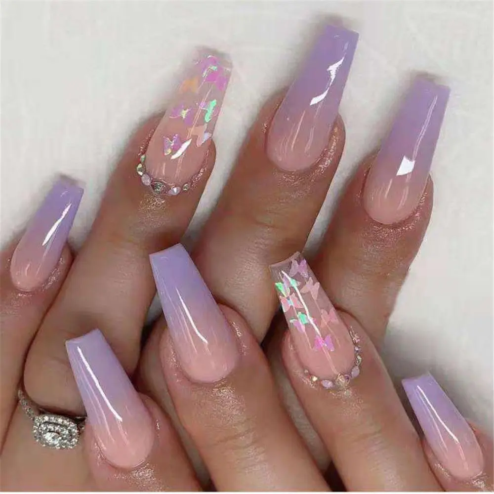 Purple Pink Ombre Rhinestone Fake Nails Coffin Ballerina Ladies Fingernails  Natural Long French Gradient Press On False Nails - False Nails - AliExpress