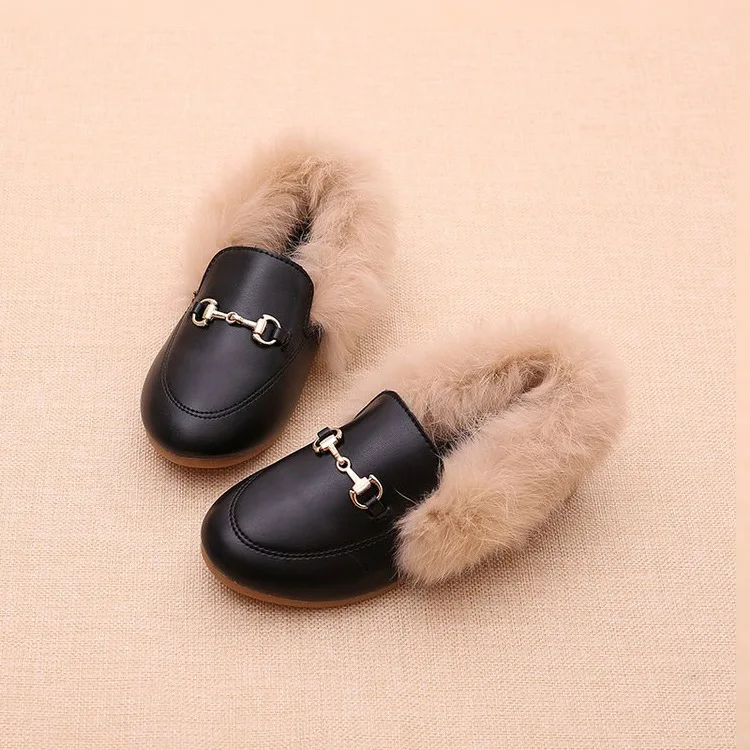 New Kids Shoes Winter Warm Boys Girls Fashion Shoe Black Red Fur Flat Slip On Non-slip Kids Shoes Quality Leather New Hot Shoes