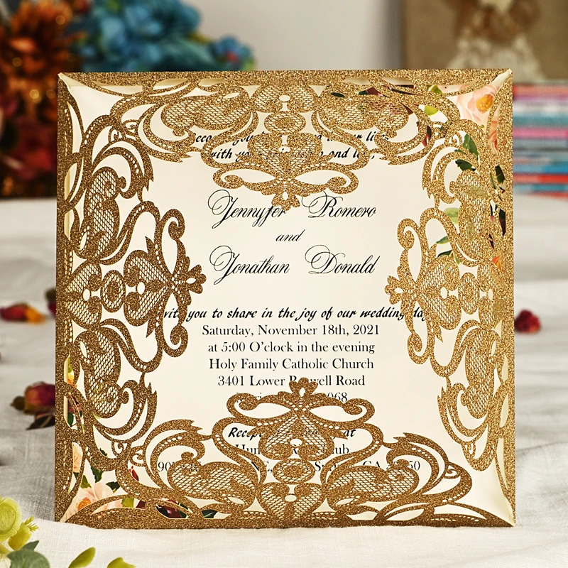 

50PCS Gold Glitter Wedding Invitation with Envelope Laser Cut Hollow Flower Customized Bridal Shower Party Invite