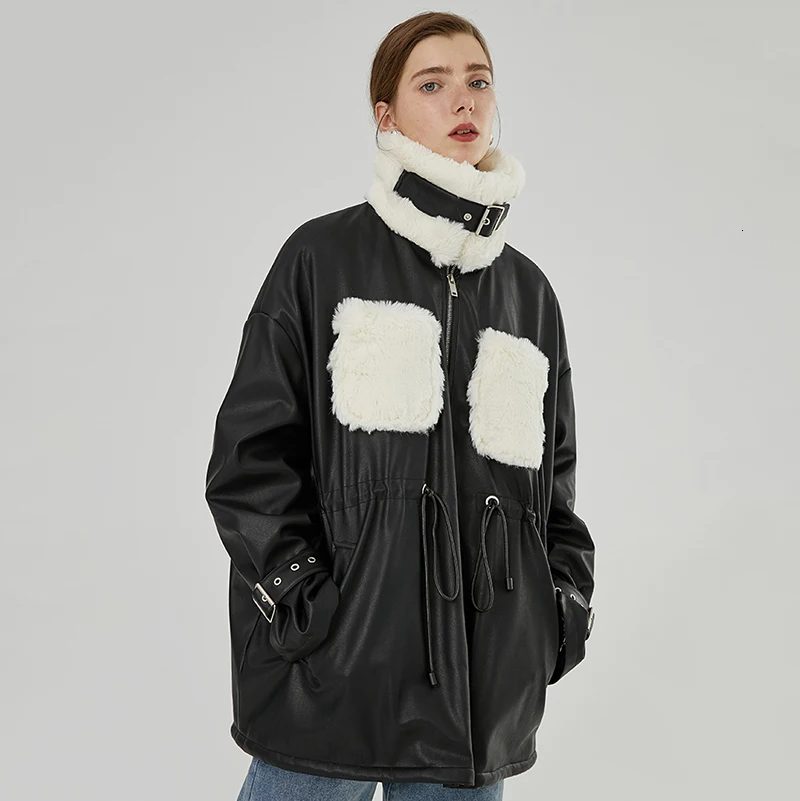 [EAM] Свободная куртка из овечьей шерсти большого размера, куртка из искусственной кожи, новинка, стоячий воротник, длинный рукав, Женское пальто, модное, Осень-зима, 1K260