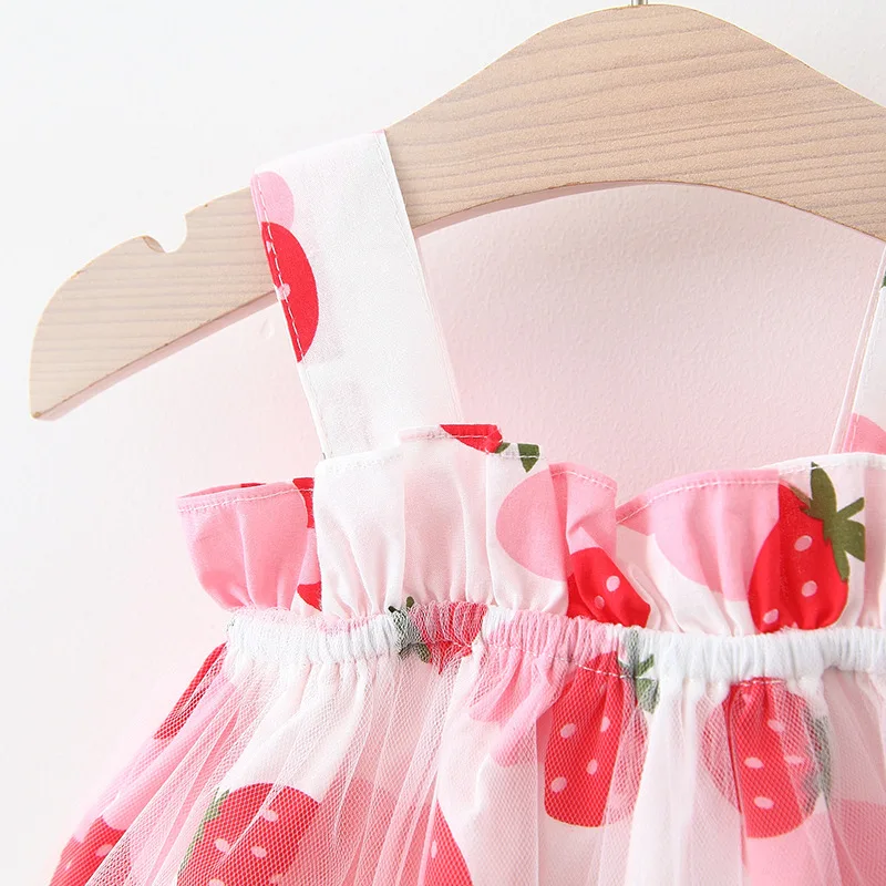 Summer Set Infant Princess Dress Cute Beach Strawberry Sleeveless Lace Cotton Baby Girls Dresses+Sunhat Newborn Clothes BC1875-1