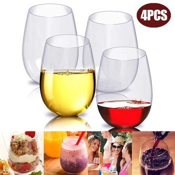 

4 Pcs Stemless Transparent Wine Glass Set Plastic Wine Drink Cup Water Cup JA55